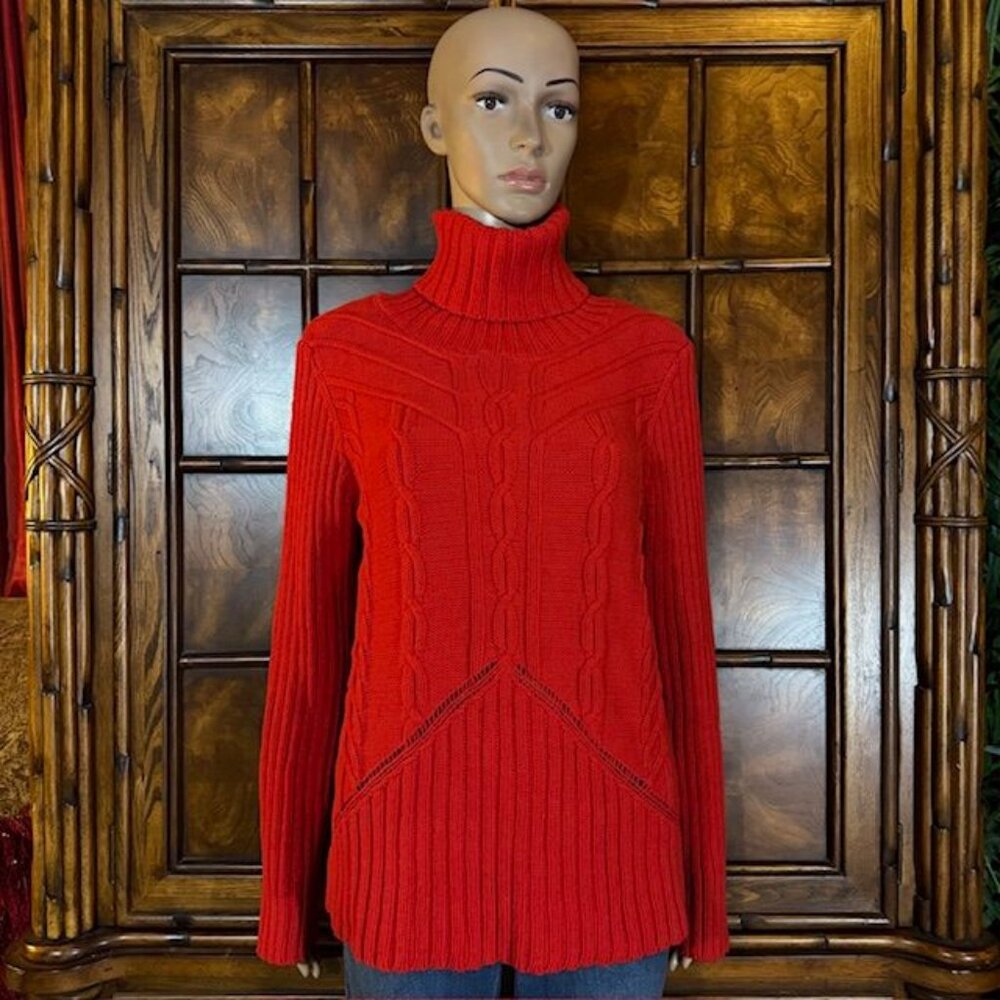 Jones New York Red Cable Knit Ribbed Turtleneck Cotton Blend Sweater